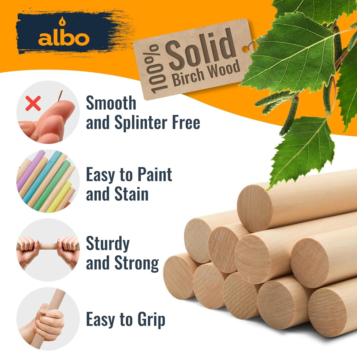 ALBO Wooden Dowel Rods - 25 Pack Birch Hardwood Round Dowel for Crafts, Furniture, DIY Projects