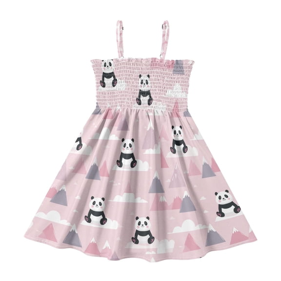 Little Girls Sleeveless Sundress Pleated Ruffle Trim Smocked Top Casual Spaghetti Strap Summer Dress Panda and Clouds Pattern 2Y