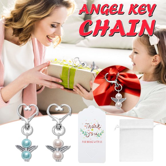 EGNMCR Keychains 20 Sets Angel Keychain Pearl Angel Wing with Organza Bags/Thank You Kra key chain