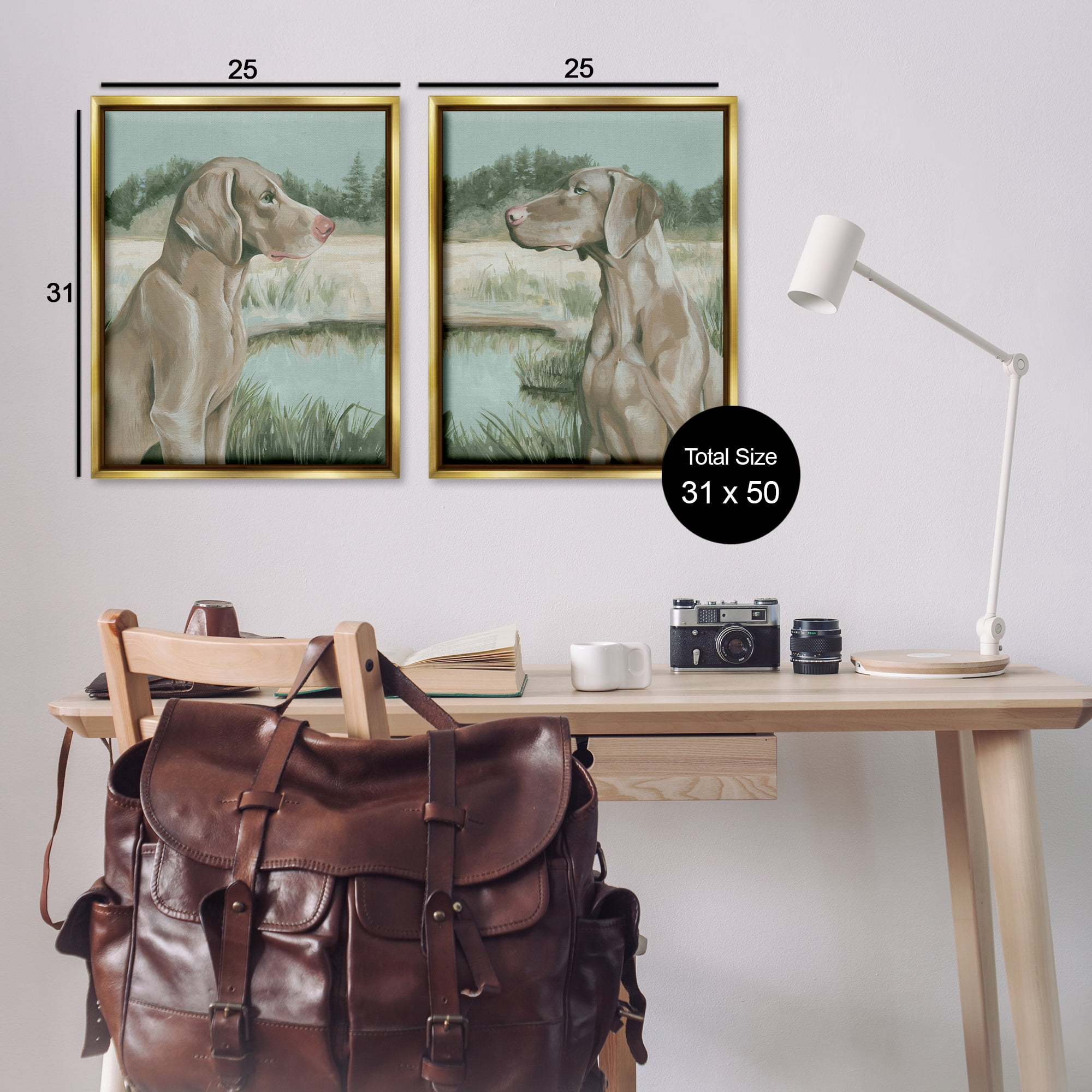 Stupell Industries Weimaraner Dog by Marsh Animals Painting Gold Floater Framed Canvas Art Print Wall Art, 31 x 25, Set of 2