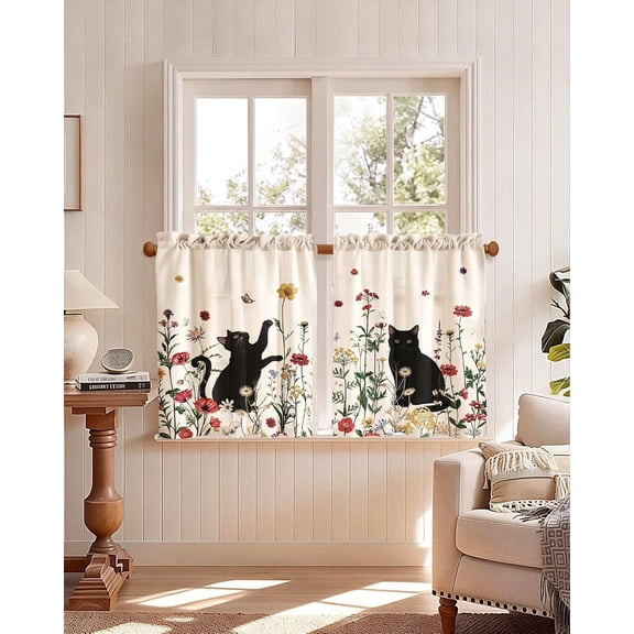 Elyvra Cat Kitchen Tier Curtains 30 Inch, Cute Vintage Floral Polyester Cafe Curtains, Rustic Farmhouse Small Window Drapes Over Sink, 2 Panel Set
