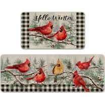 Hello Winter Cardinal Kitchen Rugs Set of 2, Red Bird Pine Tree Snow Buffalo Plaid Farmhouse Kitchen Mats Decor, Christmas Holiday Seasonal Floor Door Mat Home Decorations -17x29 and 17x47 Inch
