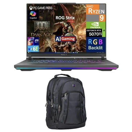 ASUS ROG Strix AI Gaming Laptop 16.0in 165Hz IPS WUXGA Display (AMD Ryzen 9 8940HX, NVIDIA GeForce RTX 5070 Ti 12GB, 16GB DDR5, 1TB SSD, RGB KB, WiFi 6E, Webcam, Win 11 Home) w/Premium Backpack