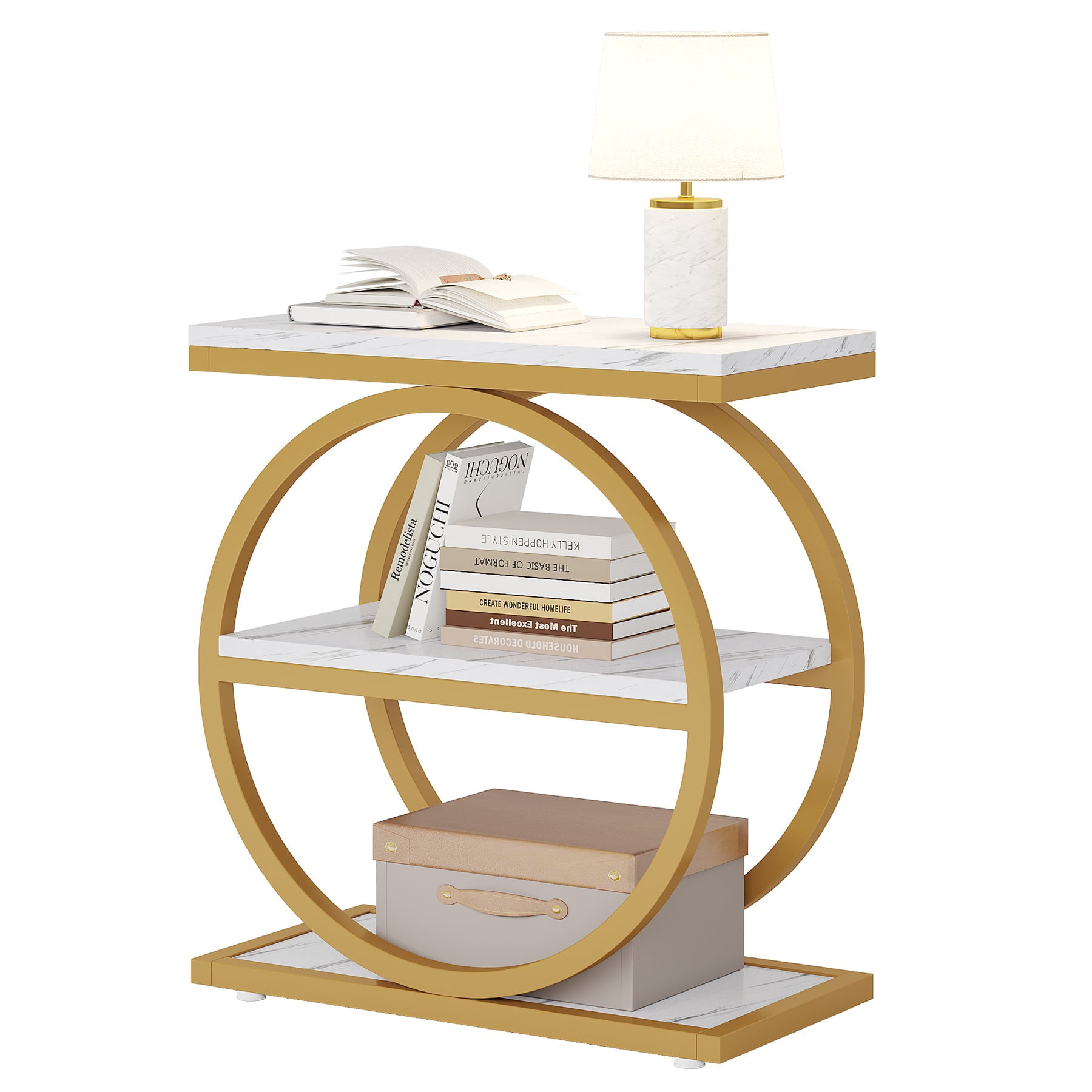 Fnova Side Table with Circular Metal Frame, End Table with 3-Tier Shelves for Living Room, White Gold