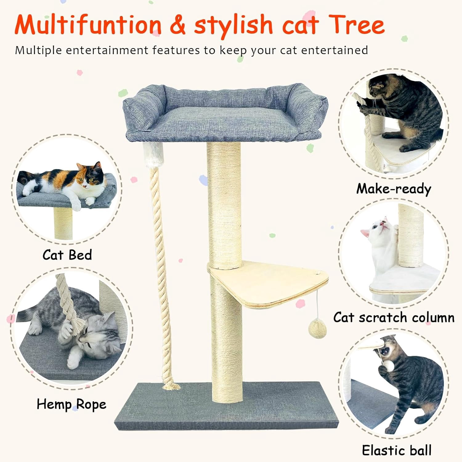 Tall Cat Tree Tower for Large Indoor Cats, 35" Sisal Scratching Post with Plush Perch, Hammock, and Spacious Bed, Stable Cat Climber in Gray