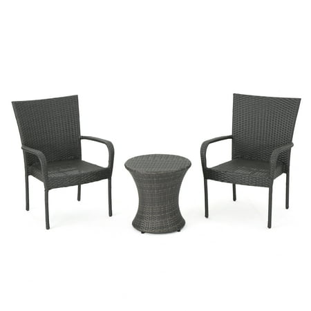 Parham Outdoor 3 Piece Wicker Stacking Chair Chat Set With Round Drum Table Grey