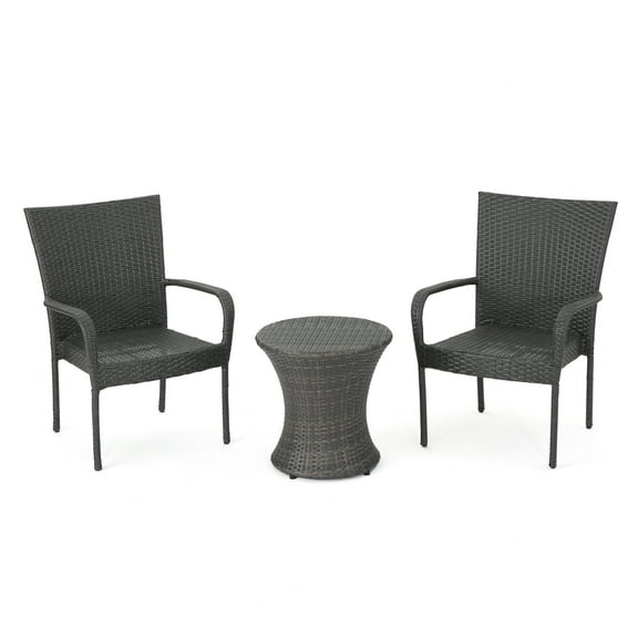 Parham Outdoor 3 Piece Wicker Stacking Chair Chat Set with Round Drum Table, Gray