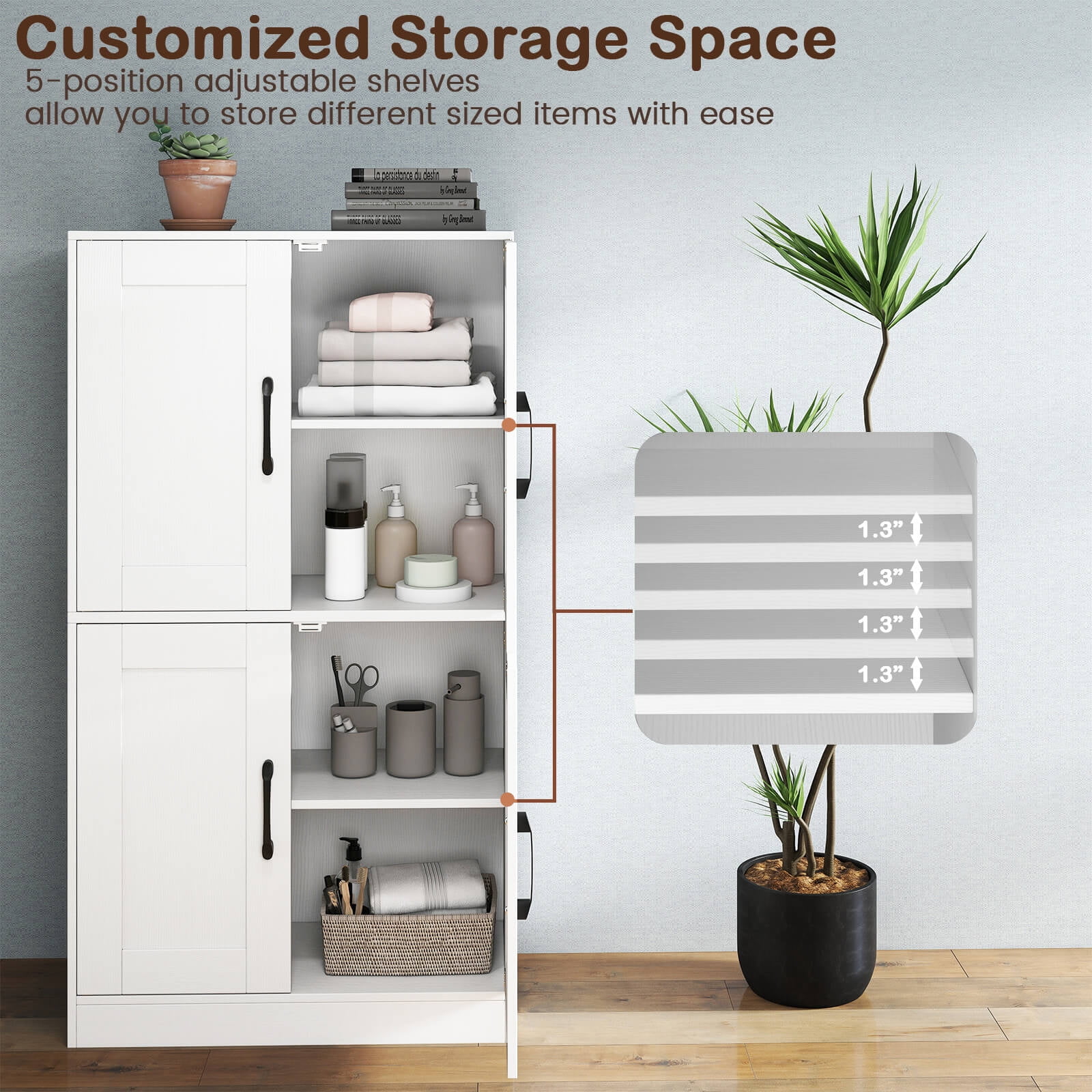 Costway Bathroom Cabinet with Doors & Adjustable Shelves Storage Organizer for Living Room White