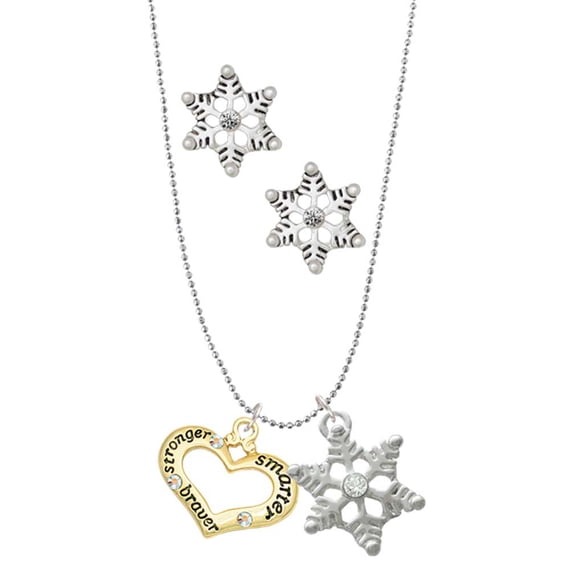 Delight Jewelry Goldtone Heart with 3 AB Crystals - Stronger Braver Smarter Silver tone Snowflake Charm Necklace and Stud Earrings