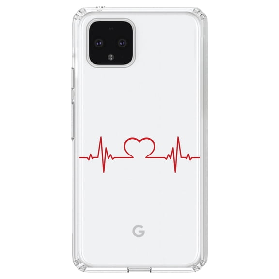 DistinctInk Clear Shockproof Hybrid Case for Google Pixel 4 XL (6.3" Screen) - TPU Bumper Acrylic Back Tempered Glass Screen Protector - Heart Pulse EKG Red Valentine