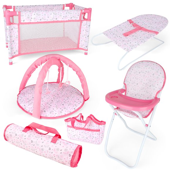 deAO Accessoires pour Poupée Bébé Ensemble de Jeu pour Poupée Bébé Chaise Haute pour Poupée Lit de Bébé Lit de Bébé Tapis de Jeu Sac de Rangement Sac à Main Aile - Ensemble de Jeu 6 en 1 pour Poupées Roses avec Fu
