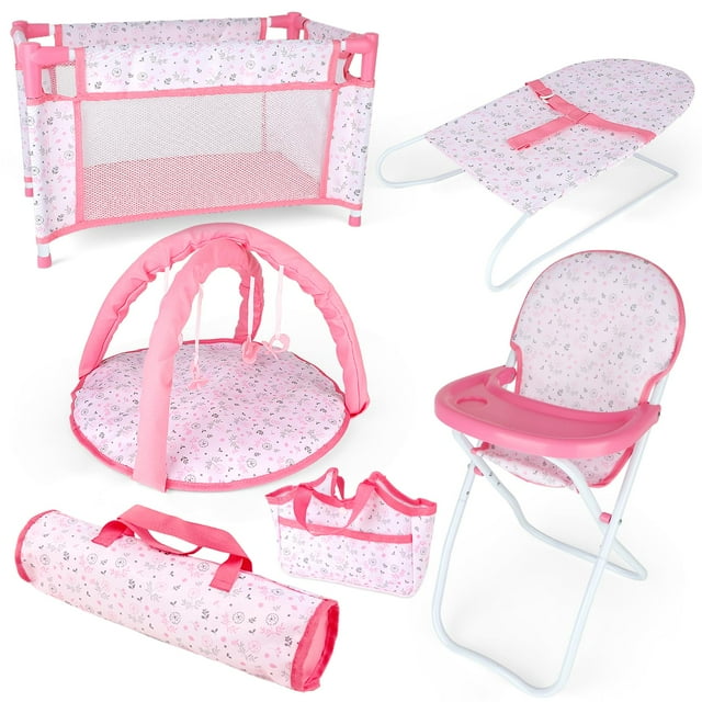 deAO Accessoires pour Poupée Bébé Ensemble de Jeu pour Poupée Bébé Chaise Haute pour Poupée Lit de Bébé Lit de Bébé Tapis de Jeu Sac de Rangement Sac à Main Aile - Ensemble de Jeu 6 en 1 pour Poupées Roses avec Fu