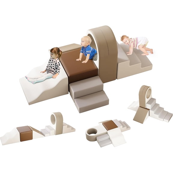 Soft Play Climbing for Toddlers, Akaber 7pcs Foam Climbing Blocks for Toddlers for Nursery, Living Room, Baby Climbing Blocks with Tunnel for Climb, Crawl and Slide
