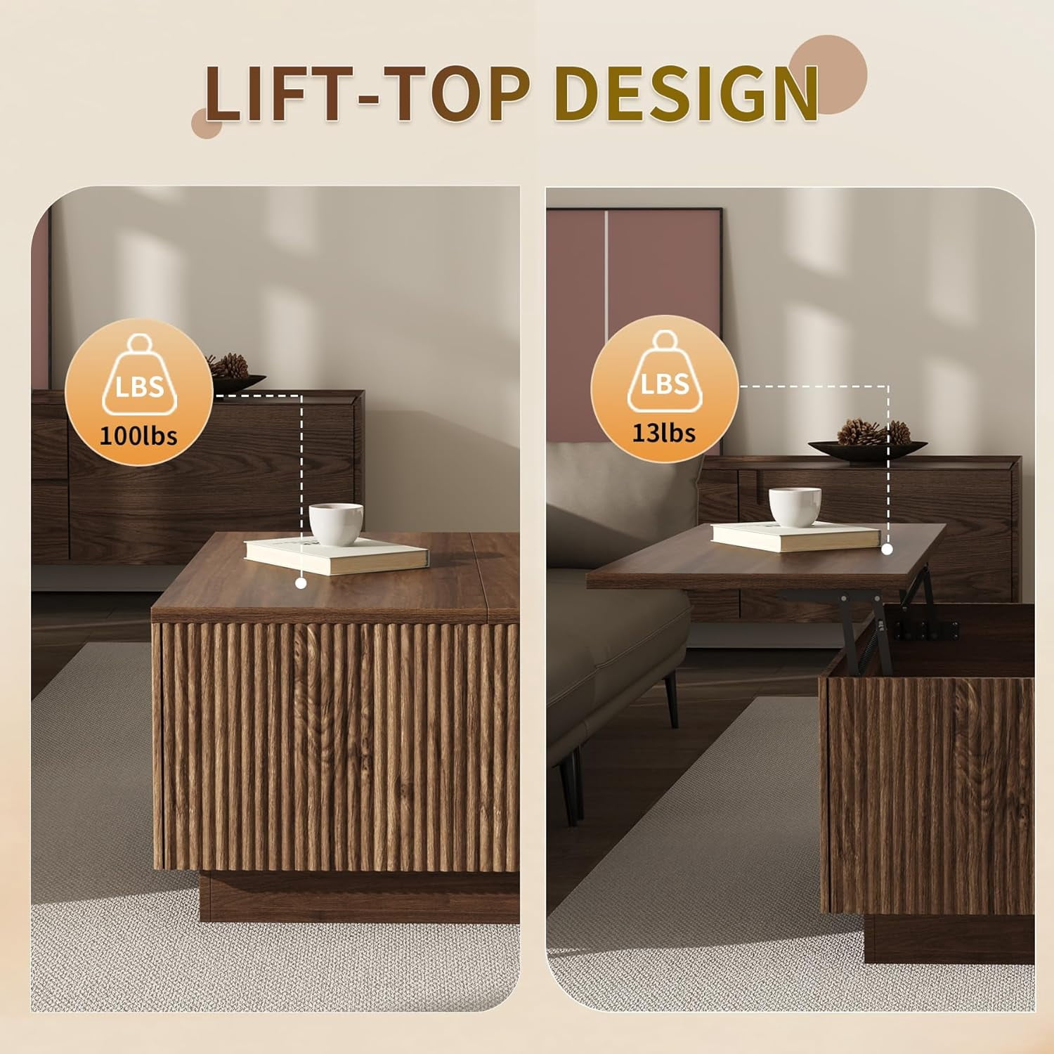 Lift Top  Wood Coffee Table with Hidden Storage Compartment for Living Room, 31-Inch Farmhouse Fluted Center Tea Table with Wooden Lift-Top for Home, Apartment, Small Space, Brown Walnut