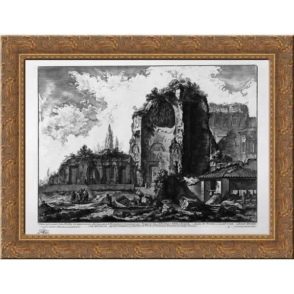 A view of the remains of two Triclinj who belonged to Nero`s Golden House 24x20 Gold Ornate Wood Framed Canvas Art by Piranesi, Giovanni Battista