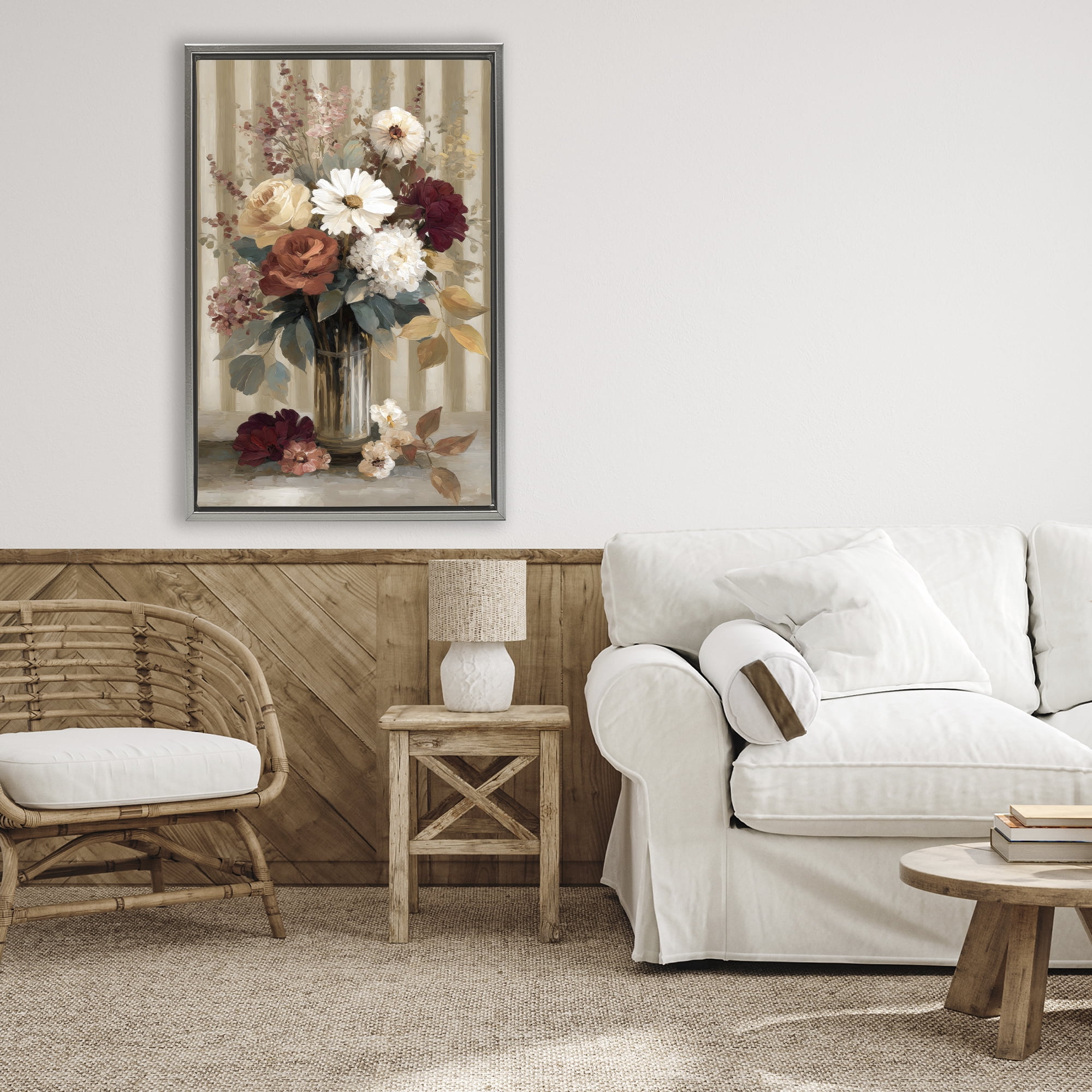 Stupell Industries Vintage Arrangement with Stripes Gray Framed Floater Canvas Wall Art, design by Petal Prints Design
