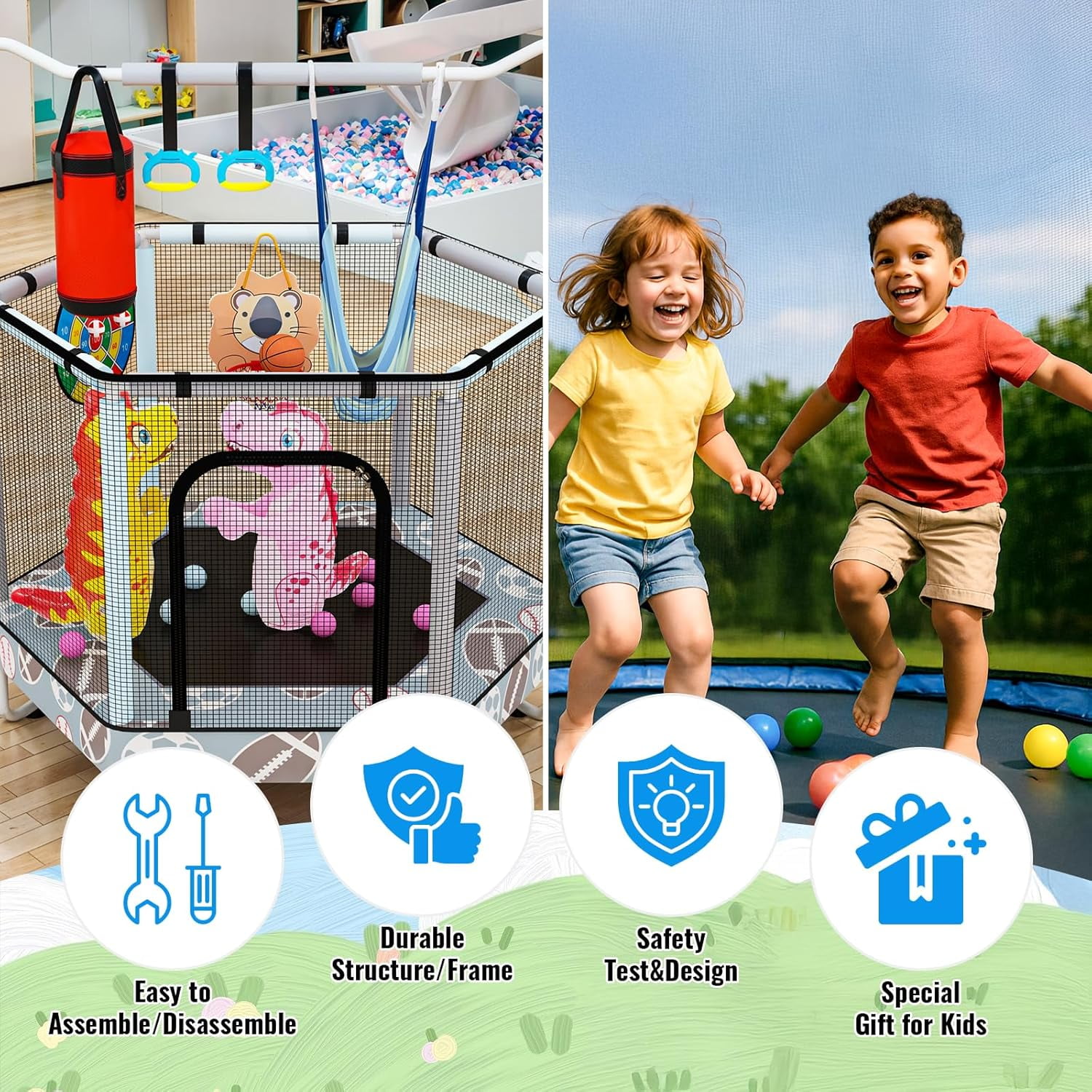 Baxluxe Toddler Trampoline for Kids Ages 3-8, 55in 7-in-1 Upgraded Indoor Trampoline with Net ,500lbs Capacity Safe Trampoline Toys,Inside Mini Trampoline Boys Girls Outdoor Adjustable Height
