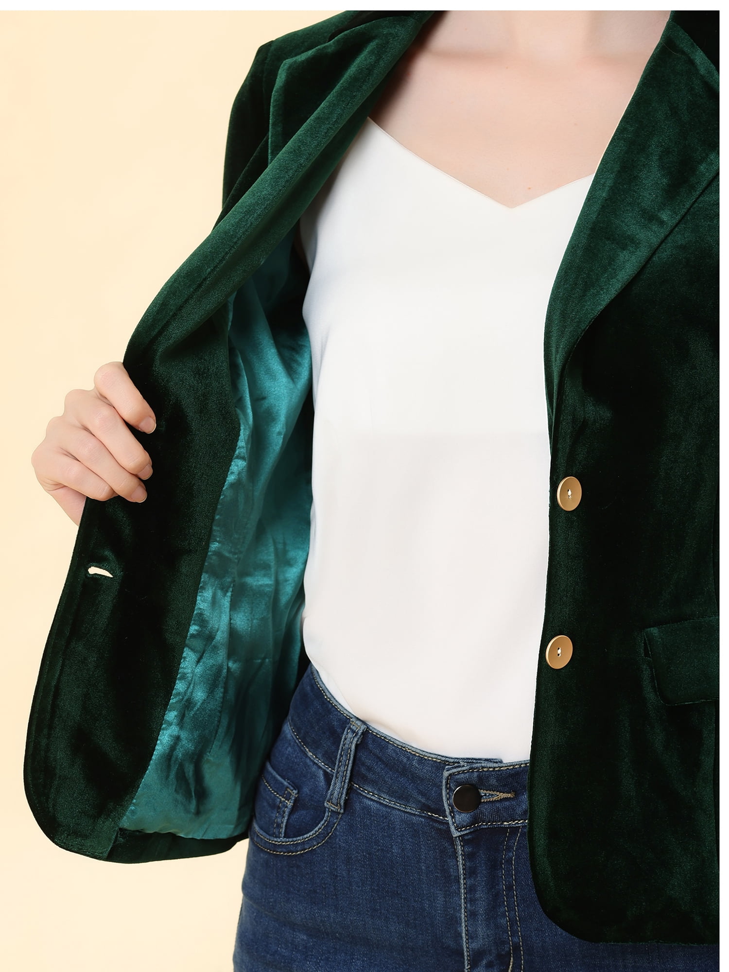 DARING DIVA Women's Notched Lapel Button Front Office Velvet Blazer L Dark Green