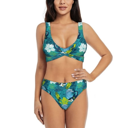 Zeuib Shark And Leaves High Waisted Tummy Control Bikini Set - Knot Front Push Up Top & Cheeky Thong Bottom  Two-Piece Swimsuit for Women-Medium