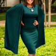 thumbnail image 2 of Women's Crew Neck Collar Pleated Cape Sleeve Loose Dress Elegant Short Dress, 2 of 3