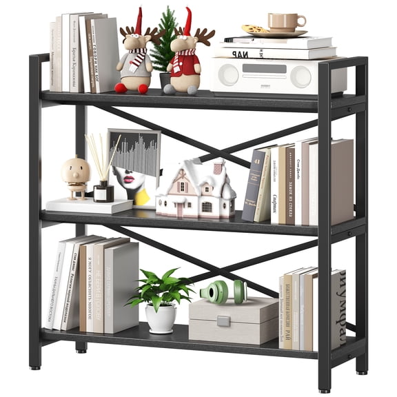 3 Tier Bookshelf 31.49" Width, Wood and Metal Etagere Bookcase, Vintage Farmhouse Modern Wooden Big Book Shelf for Home Living Room Bedroom Office Storage(Black)