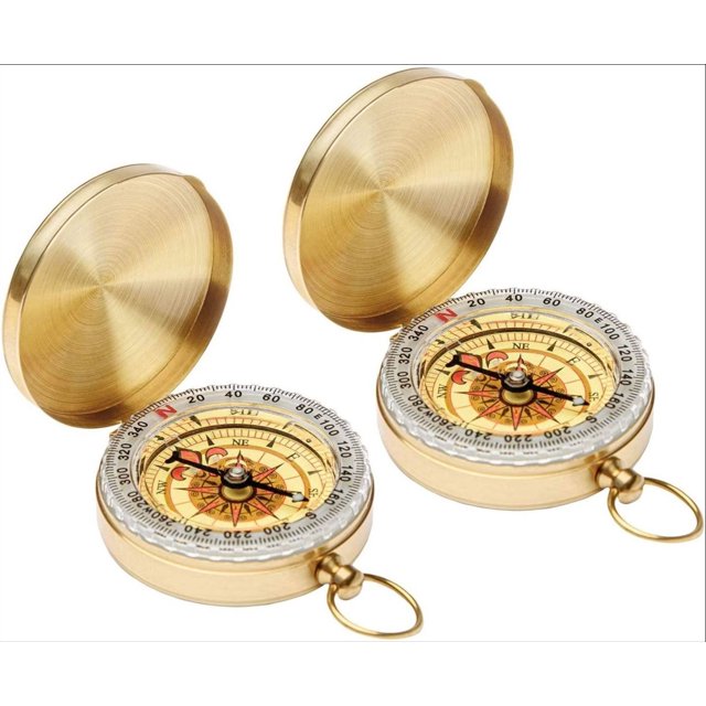 2 Pack Classic Pocket Style Copper Clamshell Compass Waterproof Luminous Compass Camping Gear Survival Gear