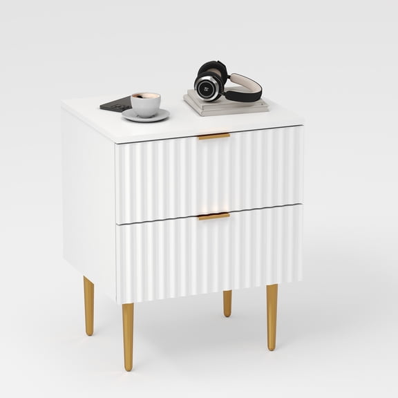 Modern Nightstand with 2 Drawers, Golden and Wood Fluted Night Stand with Charging Station, Bedside Table with USB Ports and Outlets, Side Table for Bedroom Apartment