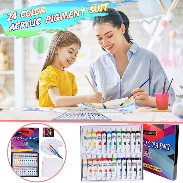 set de pintura acrílica de 24 colores para niños con 3 rotuladores y 2 tableros de dibujo | grafiti, manualidades y materiales de arte | pintura no tóxica para papel, madera y tela Multicolor Tingxian, caja abierta frontal con 24 tubos en dos filas con etiquetas de color visibles, tres rotuladores, paleta blanca y dos tableros pequeños; escena adicional muestra madre y niña pintando juntas en mesa hogareña, adecuada para manualidades y decoración de papel, madera y tela.