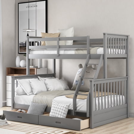 Twin-Over-Full Bunk Bed Wood Space-Saving Bunk Bed with Removable Ladder and Two Storage Drawers and Safety Guardrail  Convertible to 2 Separated Beds Grey