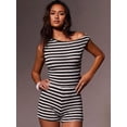 thumbnail image 5 of Women'S 2 Piece Striped Set Off Shoulder Tops and Shorts Two Piece Going Out Vacation Cruise Outfits Black & White L, 5 of 9