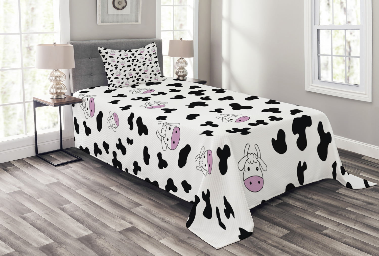 Queen Size Ambesonne Cow Print Duvet Cover Set Decorative 3 Piece Bedding Set with 2 Pillow Shams Animal Cow Hide Pattern Doodle Cartoon Drawing Farming Husbandry Black