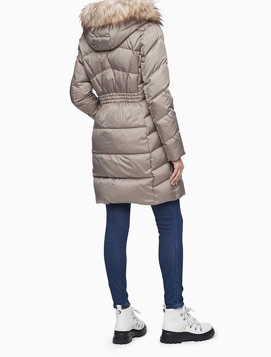 faux fur hood down blend longline puffer coat