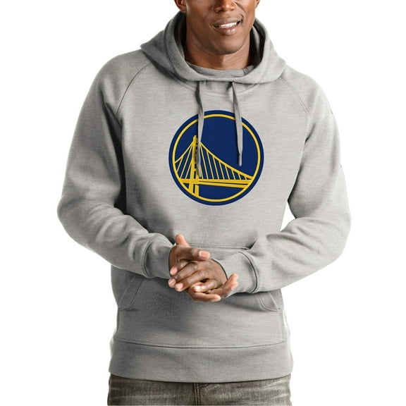 Men's Antigua Heather Gray Golden State Warriors Team Logo Victory Pullover Hoodie