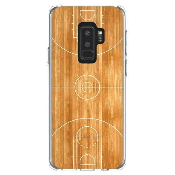 DistinctInk Clear Shockproof Hybrid Case for Samsung Galaxy S9  PLUS (6.2" Screen) - TPU Bumper, Acrylic Back, Tempered Glass Screen Protector - Basketball Court Layout - Basketball