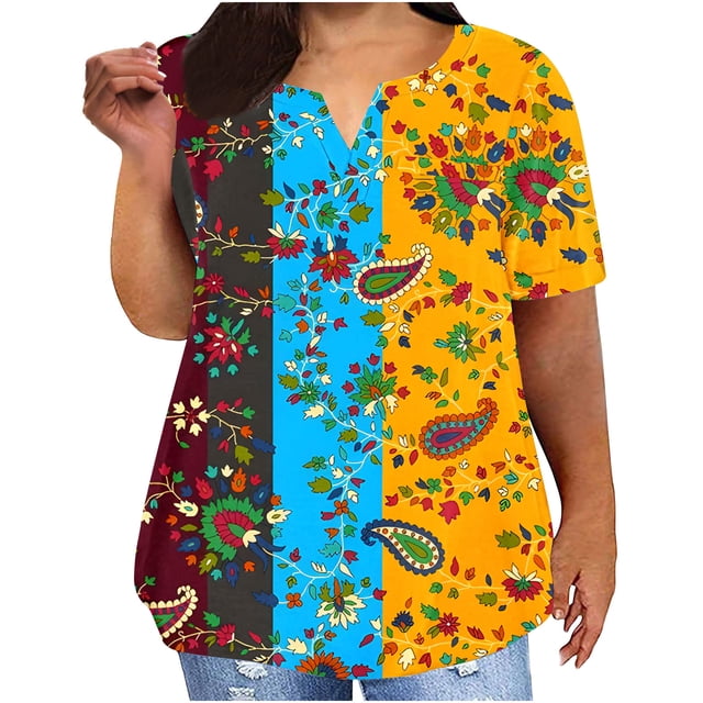 Plus Tamaño de las Mujeres Blusas, Cuello en V Casual Suelto Manga Corta Superior, Impresión Blusa Poliéster Spandex