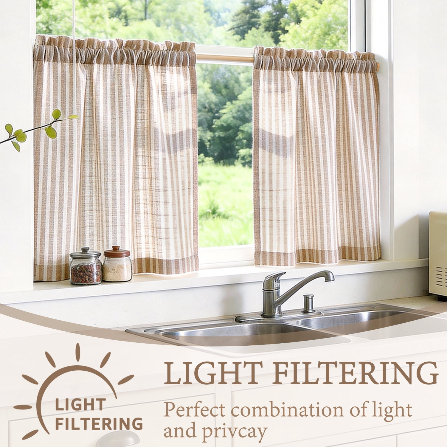 TOPICK Striped Kitchen Curtains and Valance Set 36 Inch Small Linen Curtains for Cafe Living Room Bathroom Farmhouse 3 Pieces Set Rod Pocket Taupe