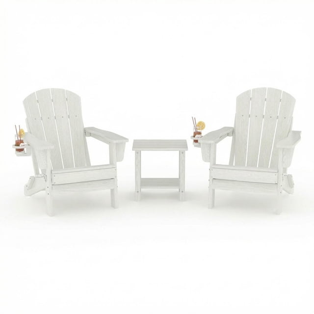 Garvee Ensemble de 2 Chaises Adirondack Pliantes en HDPE avec Table d'Appoint, Porte-Gobelet, Capacité de 380 Lb, Blanc