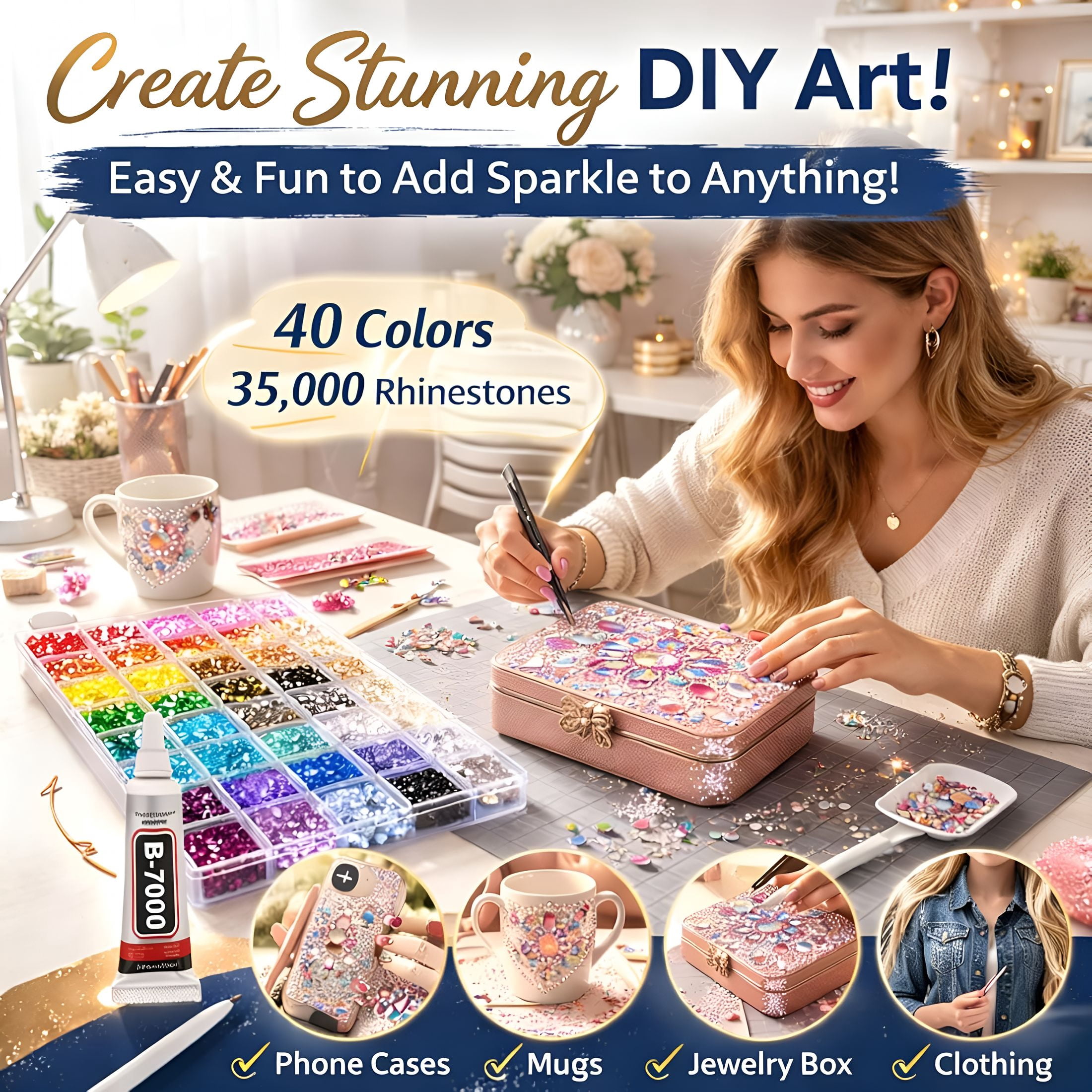 DESIGNICE 35000Pcs Rhinestones,40 Color Kits,3Mm Bedazzling Kit with Glue for Diy Diamond Paintings,Decorative Water Cups,Phone Cases,And Other Crafts