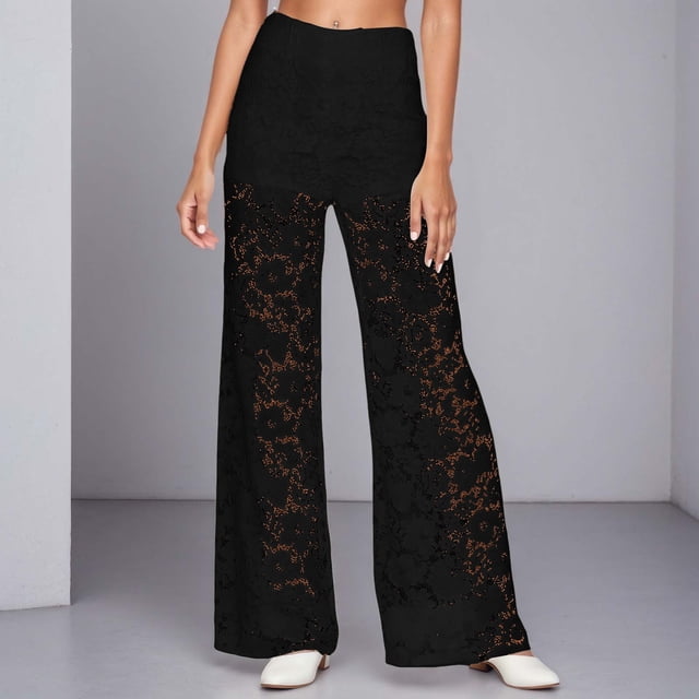 willbest pantalones casuales de mujer con cintura alta y encaje calado, pantalones de pierna recta en negro; vista frontal centrada, talle alto con cinturilla elástica, pierna ancha y caída larga, encaje floral calado desde el muslo al tobillo, modelo con zapatos bajos sobre fondo neutro; adecuados para uso diario, fiestas y discotecas y a menudo usados también para conjuntos de noche.