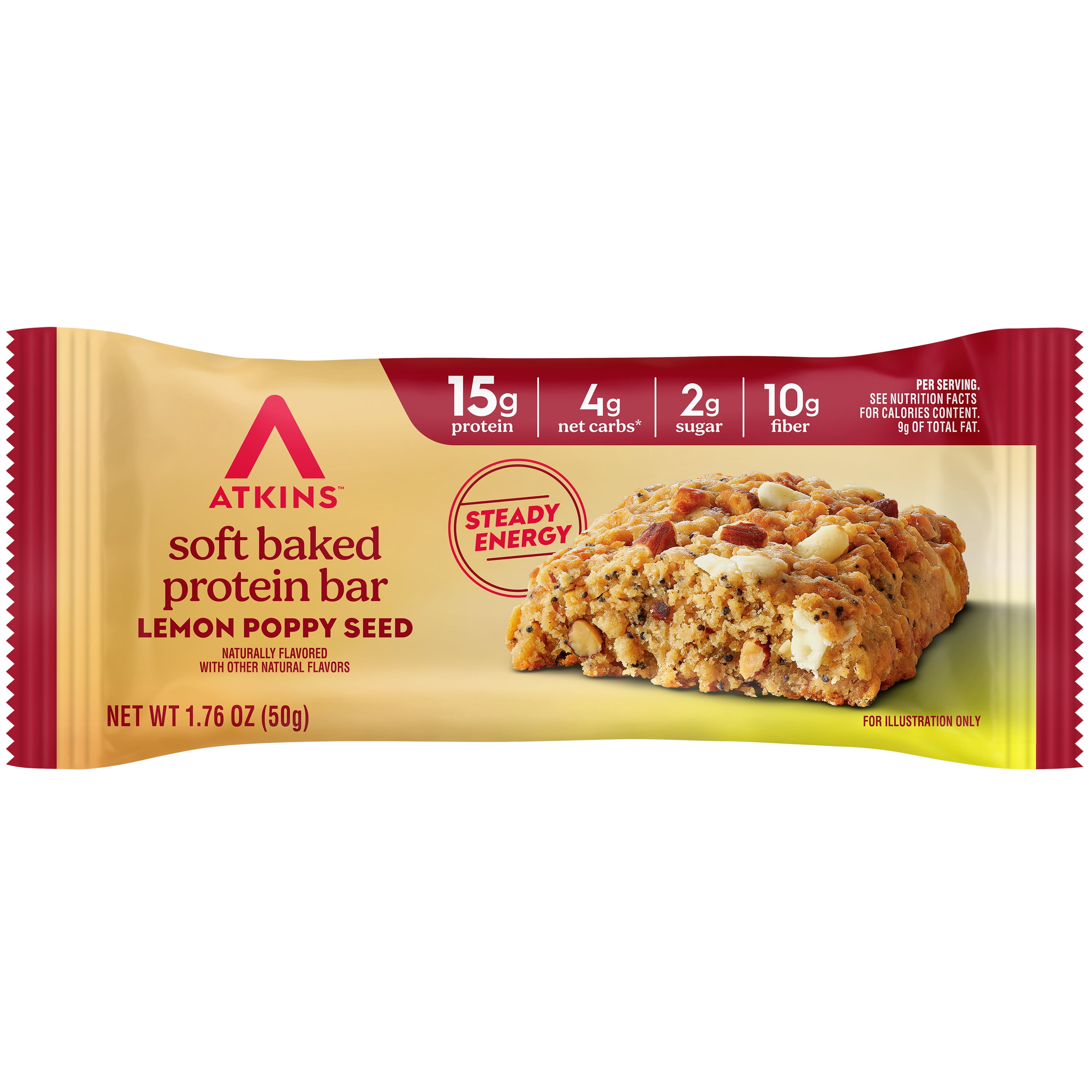 Atkins Soft Baked High Protein Bar,Lemon Poppy Seed Flavored, 15g of Protein, Keto Snack, High Fiber, Low Sugar Protein Bars, 4 Count