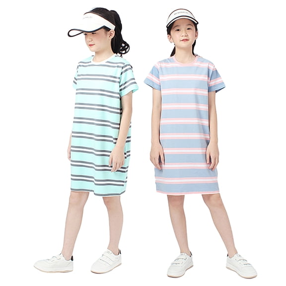 WOLLED 4-12Y Toddler Dresses Teen Streak T-Shirt Sundress Girls Round Neck Cotton Dresses Kids Tunic Shirt Sundress T-Shirt