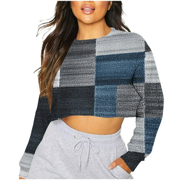 Women's Crop Tops Colorblock Printed Long Sleeve Drop Shoulder Pullover Crew Neck Loose Fit Sweatshirt Tops