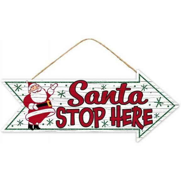 Santa Stop Here Arrow Sign - 16" x 6.5", White & Red, Green Glitter, Wooden Christmas Sign, Vintage Kitchen Sign, Wreath