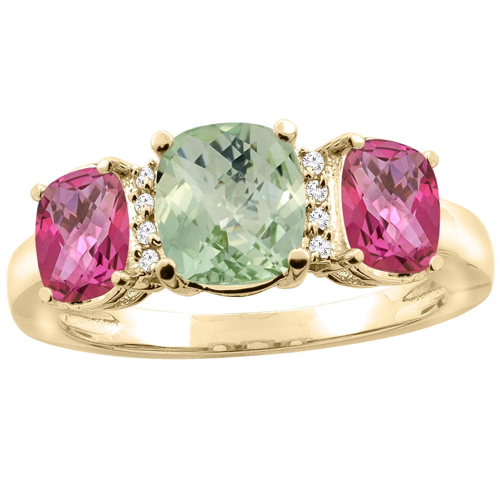 10K Yellow Gold Natural Green Amethyst & Pink Topaz 3-stone Ring Cushion 8x6mm Diamond Accent, sizes 5 10 by WorldJewels