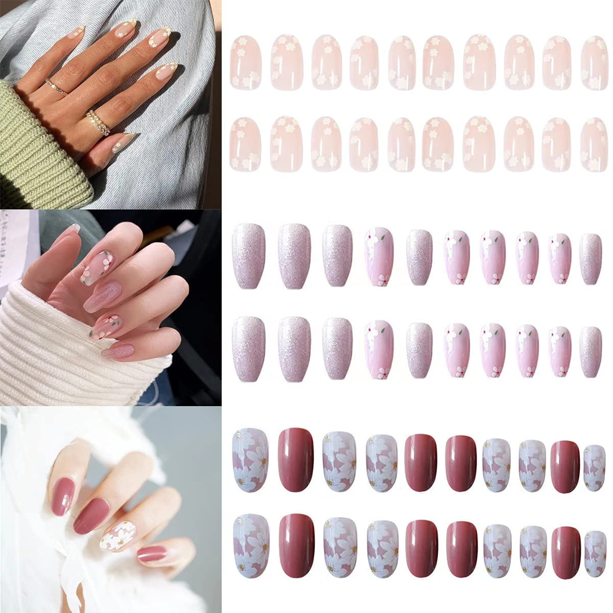 3 Packs (72 Pcs) Short Almond Press on Nails Medium Length, Acrylic Fake  Nails, Cute Flower Design Glossy Full Cover Set Short Press on Nails with  Glue and File for Women and