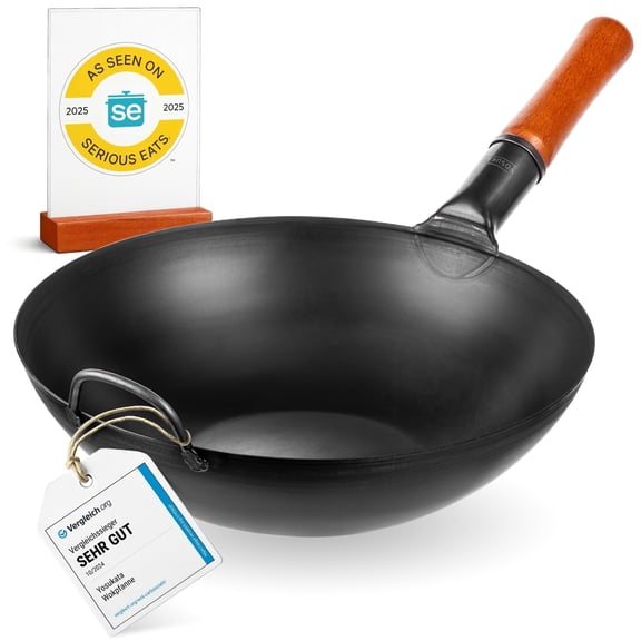 YOSUKATA 13.5" Pre-Seasoned Carbon Steel Wok Pan, Flat Bottom Stir Fry Pan for Gas, Electric, Induction & Open Fire, Traditional Asian Cookware for Kitchen, BBQ & Camping Use