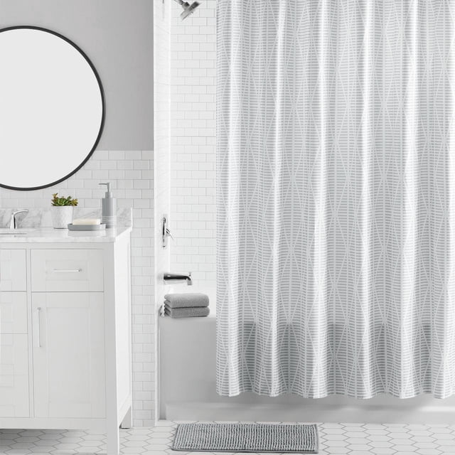 Mainstays 16-Piece Grey Diamond Geo Shower Curtain Bathroom Set – Fabric Curtain with Rug, Hooks, Soap Dispenser & Tray