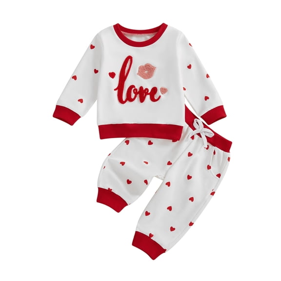 Toddler Baby Girls Valentine Outfits 6 12 18 24 Months 2T 3T 4T Heart Print Letter Embroidery Long Sleeve Sweatshirt and Elastic Pants Set Baby Clothes