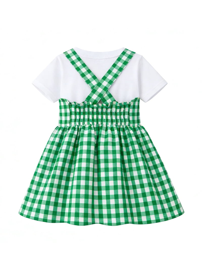 girls green gingham dress Fore! Girls' Tie Shoulder Gingham Tiered Dress 6/7