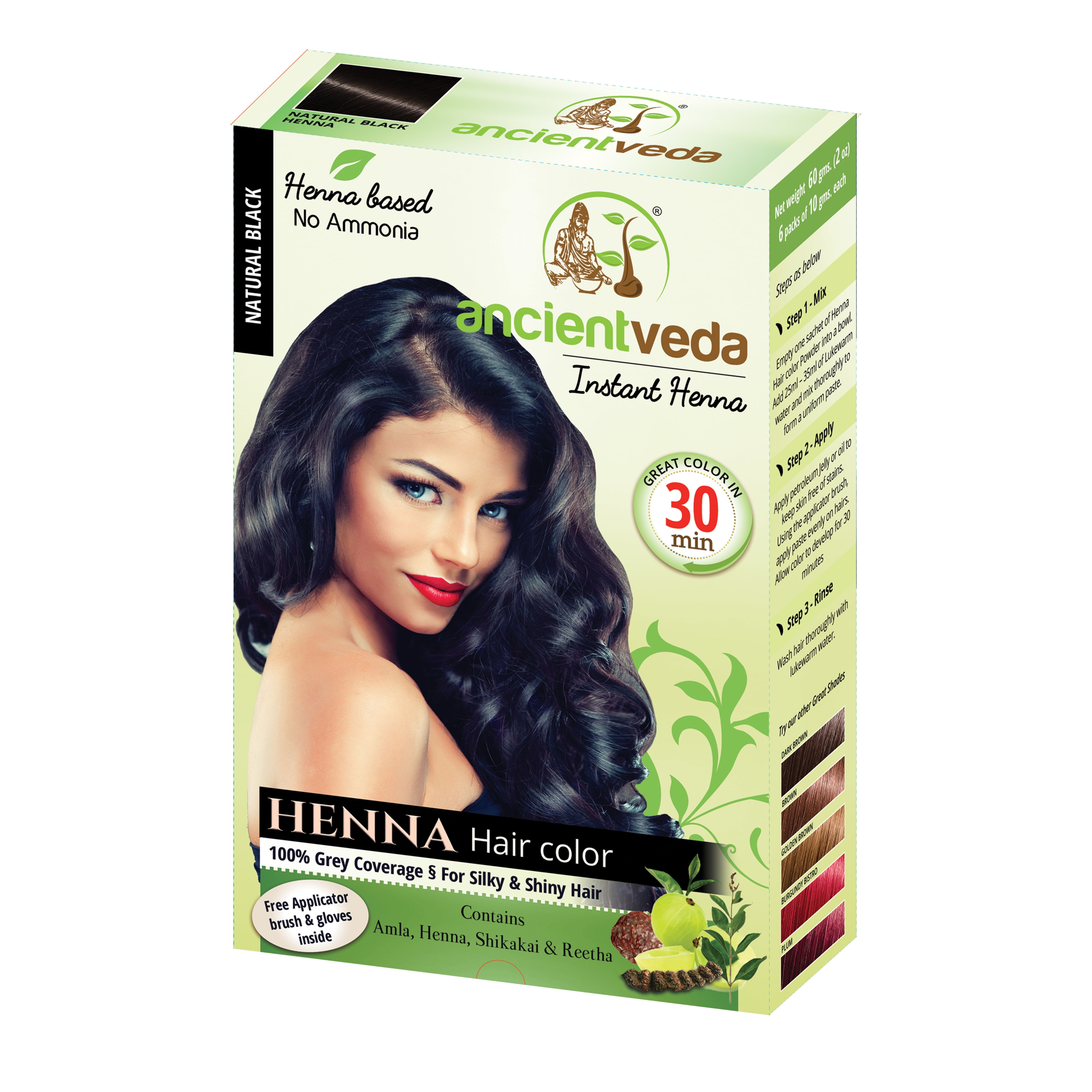 Ancient Veda Black Permanent Henna Hair Color Dye with Applicator Brush and  Gloves 60 Grams 